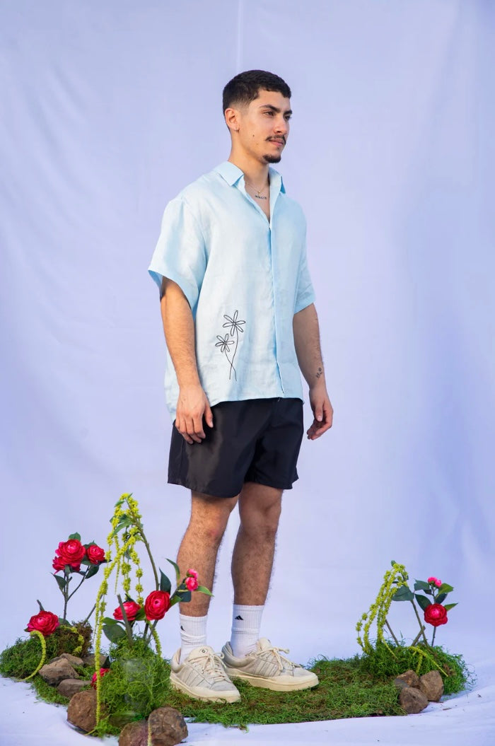 Sky blue embroidered flower shirt